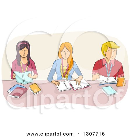 Clipart of a Sketched Group of High School or College Students Studying at a Table - Royalty Free Vector Illustration by BNP Design Studio