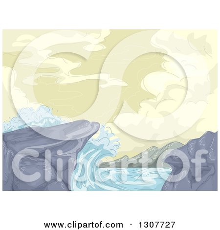 Clipart of a Sketch of Waves Crashing into Rocks on the Shore - Royalty Free Vector Illustration by BNP Design Studio