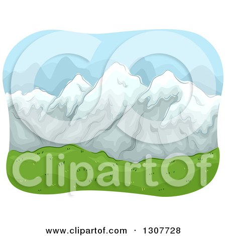 Clipart of a Sketched Landscape with Snow Capped Mountains and a Green Valley - Royalty Free Vector Illustration by BNP Design Studio