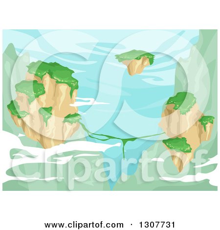 Clipart of a Background of Floating Islands with Greenery over Mountains - Royalty Free Vector Illustration by BNP Design Studio