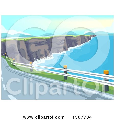 Clipart of a Coastal Road Along a Limestone Cliff and Ocean Bay - Royalty Free Vector Illustration by BNP Design Studio