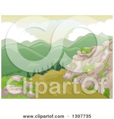 Clipart of a Backdrop of Scenic Mountains and Boulders with a Dirt Road - Royalty Free Vector Illustration by BNP Design Studio