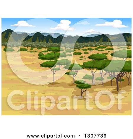Clipart of a Savannah Landscape with Acacia Trees and Mountains in the Distance - Royalty Free Vector Illustration by BNP Design Studio