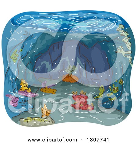 Clipart of a Sketched Underwater Cave with Corals - Royalty Free Vector Illustration by BNP Design Studio