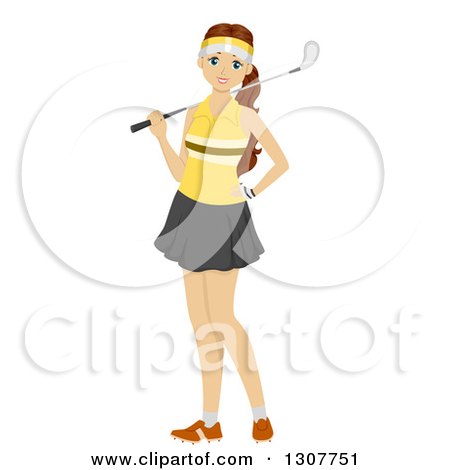 Clipart of a Young White Woman with a Golf Club over Her Shoulder - Royalty Free Vector Illustration by BNP Design Studio