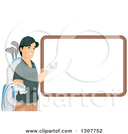 Clipart of a Friendly White Male Golf Caddy Presenting a Blank Sign - Royalty Free Vector Illustration by BNP Design Studio