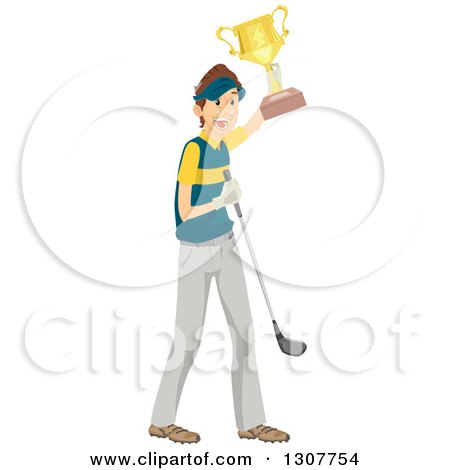 Clipart of a Happy Brunette White Male Golfer Holding up a Trophy - Royalty Free Vector Illustration by BNP Design Studio