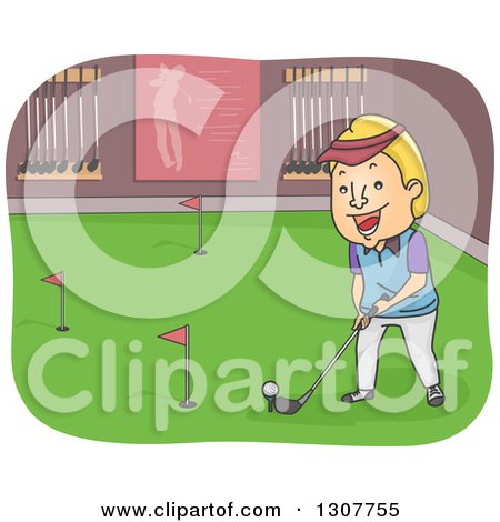 Clipart of a Cartoon Blond White Man Golfing Indoors - Royalty Free Vector Illustration by BNP Design Studio