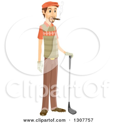 Clipart of a Brunette White Male Golfer Smoking a Cigar - Royalty Free Vector Illustration by BNP Design Studio