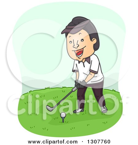Clipart of a Cartoon Happy Asian Man Golfing - Royalty Free Vector Illustration by BNP Design Studio