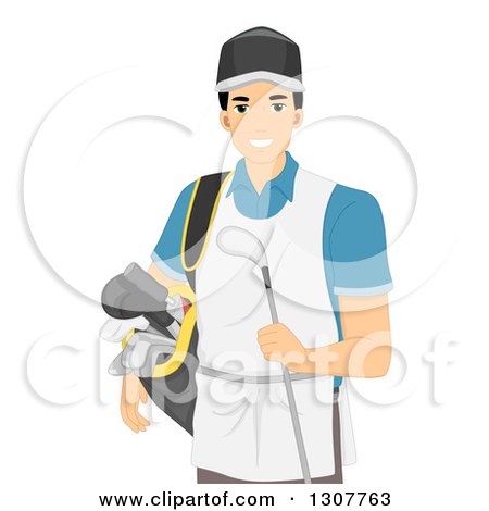 Clipart of a Young Male Golf Caddy Carrying a Club and Bag - Royalty Free Vector Illustration by BNP Design Studio