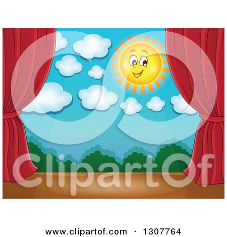 Clipart of a Happy Summer Sun Stage Set with Red Curtains - Royalty Free Vector Illustration by visekart