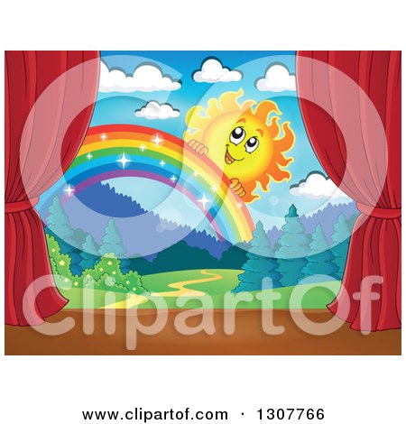 Clipart of a Happy Sun Peeking over a Rainbow Stage Set with Red Curtains - Royalty Free Vector Illustration by visekart
