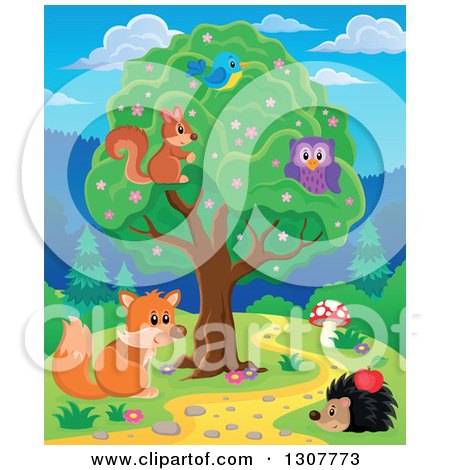 Clipart of a Squirrel, Bird and Owl in a Tree over a Fox and Hedgehog Along a Forest Path - Royalty Free Vector Illustration by visekart
