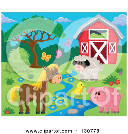 Clipart of a Red Barn with a Horse, Pig, Chick, Sheep and Butterflies by a Creek - Royalty Free Vector Illustration by visekart