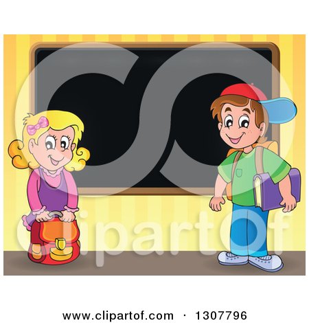 Clipart of a Caucasian School Girl and Boy by a Blank Blackboard, over Yellow Stripes - Royalty Free Vector Illustration by visekart