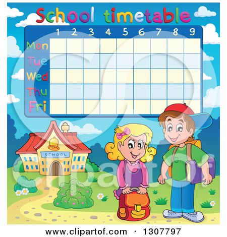 Clipart of a Caucasian School Girl and Boy by a School Building, Under a Time Table - Royalty Free Vector Illustration by visekart