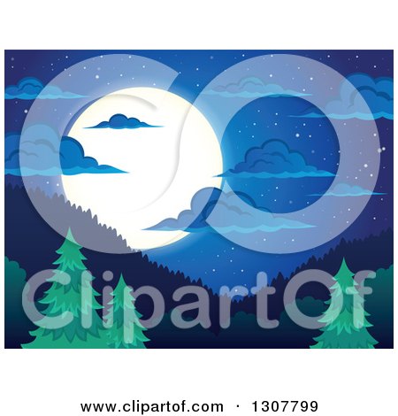 Clipart of a Background of a Full Moon and Clouds over Mountains and Evergreen Trees at Night - Royalty Free Vector Illustration by visekart