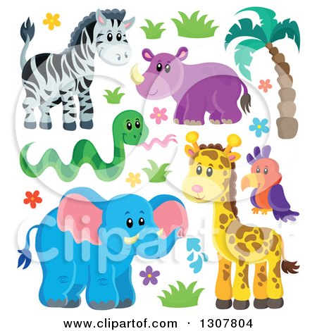 Clipart of a Cute Wild African Zebra, Hippo, Snake, Parrot, Giraffe and Elephant with Plants - Royalty Free Vector Illustration by visekart