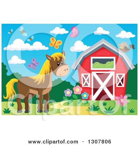 Clipart of a Red Barn with a Horse, Bees and Butterflies - Royalty Free Vector Illustration by visekart