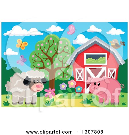 Clipart of a Red Barn with Spring Butterflies, a Sheep and Pig - Royalty Free Vector Illustration by visekart