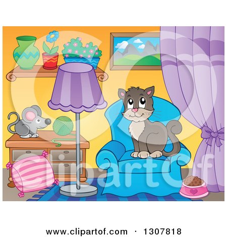 Clipart of a Brown Cat Sitting on a Chair in a Living Room - Royalty Free Vector Illustration by visekart