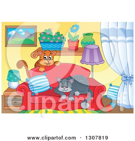 Clipart of Cats Playing and Napping on a Sofa in a Living Room - Royalty Free Vector Illustration by visekart
