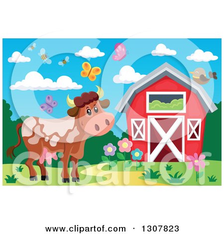 Clipart of a Red Barn with a Cow, Bees and Butterflies - Royalty Free Vector Illustration by visekart