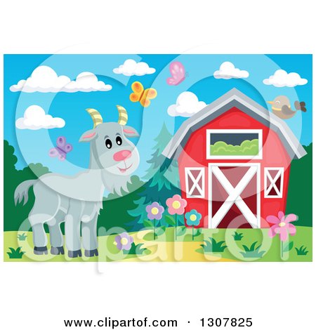 Clipart of a Red Barn with Spring Butterflies and a Goat - Royalty Free Vector Illustration by visekart