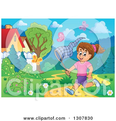 Clipart of a Cartoon Happy Brunette White Girl Chasing Butterflies with a Net in a Park on a Spring Day - Royalty Free Vector Illustration by visekart