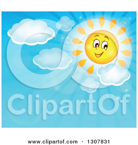 Clipart of a Cartoon Smiling Sun with Puffy Clouds and Sun Rays in a Blue Day Sky - Royalty Free Vector Illustration by visekart