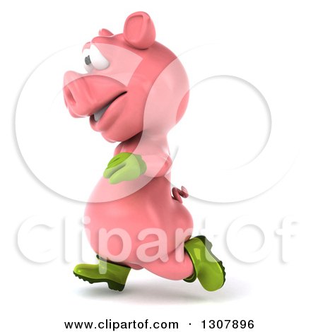 Clipart of a 3d Happy Gardener Pig Running to the Left - Royalty Free Illustration by Julos