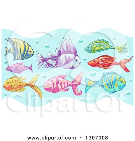 Clipart of Sketched Tropical Fish in Water with Bubbles - Royalty Free Vector Illustration by BNP Design Studio