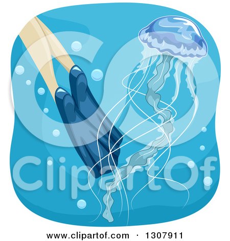 Clipart of a Sketched Jellyfish and Diver's Flippers - Royalty Free Vector Illustration by BNP Design Studio