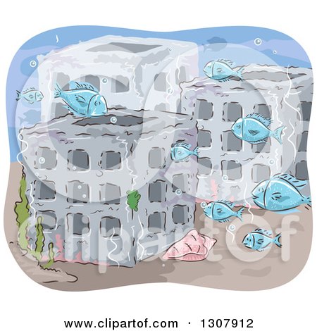 Clipart of a Sketched Artificial Reef and Fish - Royalty Free Vector Illustration by BNP Design Studio