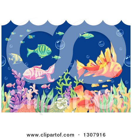 Clipart of an Underwater Scene of Sketched Fish and Corals with Waves Above - Royalty Free Vector Illustration by BNP Design Studio