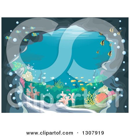 Clipart of an Underwater Cave with a View of a Reef and Fish - Royalty Free Vector Illustration by BNP Design Studio