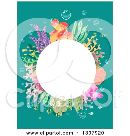 Clipart of a White Bubble Frame with Corals and Fish over Turquoise - Royalty Free Vector Illustration by BNP Design Studio