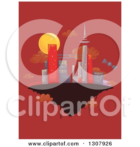 Clipart of a Sketched City on a Floating Island over Red - Royalty Free Vector Illustration by BNP Design Studio
