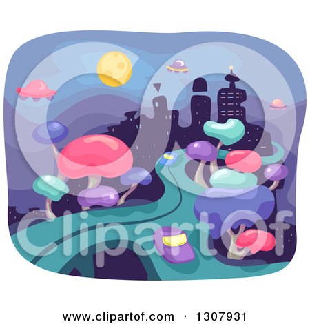Clipart of a Futuristic City with Trees, Roads, Flying Saucers and Buildings at Night - Royalty Free Vector Illustration by BNP Design Studio