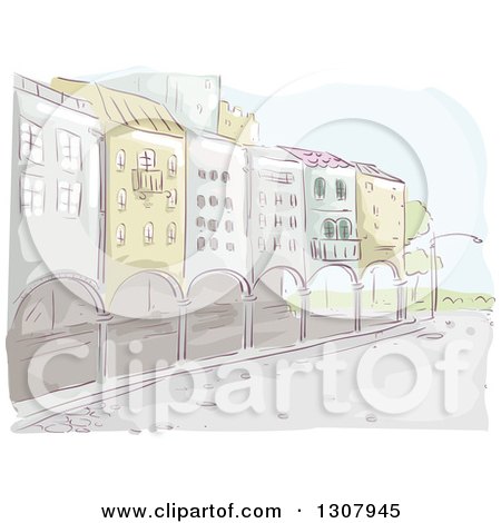 Clipart of a Sketched Row of Buildings with Arches - Royalty Free Vector Illustration by BNP Design Studio