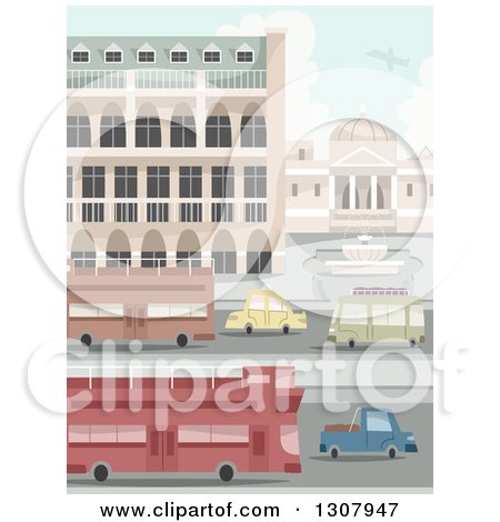 Clipart of a Busy City Street with Double Decker Buses and Cars by Buildings - Royalty Free Vector Illustration by BNP Design Studio