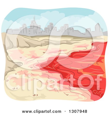 Clipart of a Red Tide Beach and Sketched City - Royalty Free Vector Illustration by BNP Design Studio