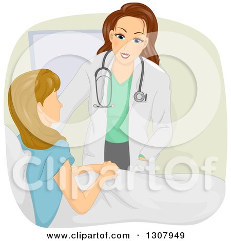 Clipart of a Caring Brunette White Female Doctor Visiting with a Blond Woman in Bed - Royalty Free Vector Illustration by BNP Design Studio