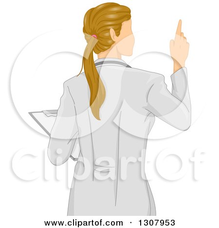 Clipart of a Rear View of a Dirty Blond White Female Doctor Holding a Clipboard and Holding up a Finger - Royalty Free Vector Illustration by BNP Design Studio