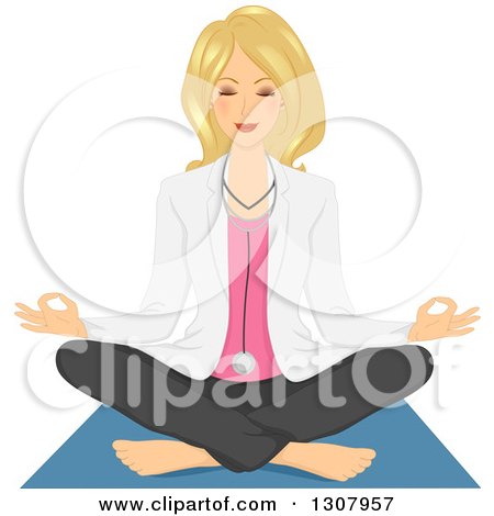 Clipart of a Relaxed Blond White Female Doctor Doing Yoga and Meditating - Royalty Free Vector Illustration by BNP Design Studio