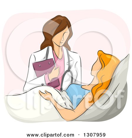 Clipart of a Sketched Ob Gyn Female Doctor Checking in with a Pregnant Patient - Royalty Free Vector Illustration by BNP Design Studio