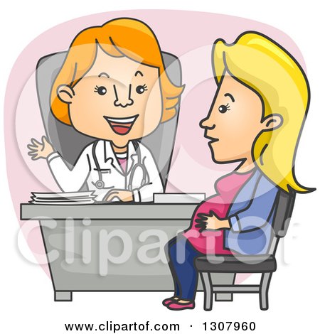 Clipart of a Cartoon White Female Ob Gyn Doctor Speaking with a Pregnant Patient - Royalty Free Vector Illustration by BNP Design Studio