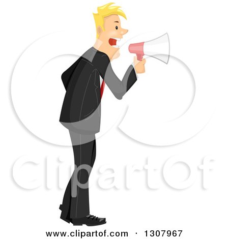 Clipart of a Blond White Businessman Shouting out Commands Through a Megaphone - Royalty Free Vector Illustration by BNP Design Studio