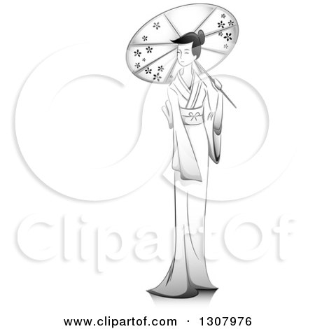 Clipart of a Grayscale Sketched Asian Girl in a Kimono, Holding an Umbrella - Royalty Free Vector Illustration by BNP Design Studio